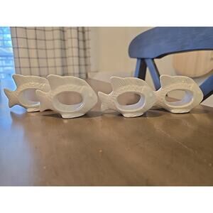 Vintage Set Of 4 White Ceramic Fish Napkin Ring Holder Coastal/Lake House 3.5"
